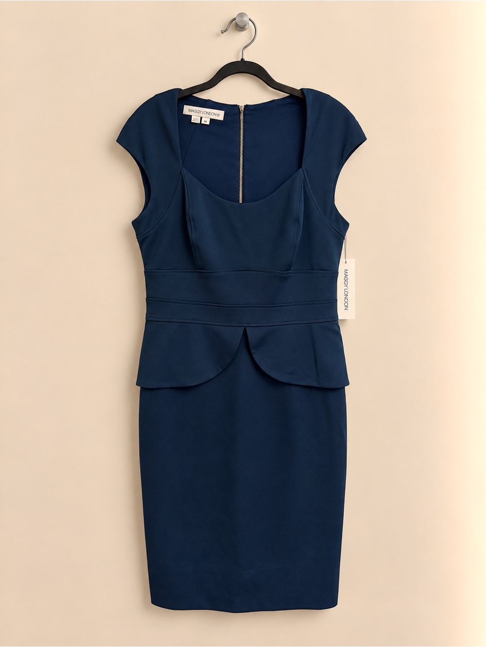 Maggy London Deep Blue Peplum Sheath Dress Cap Sleeve Size 14 NWT